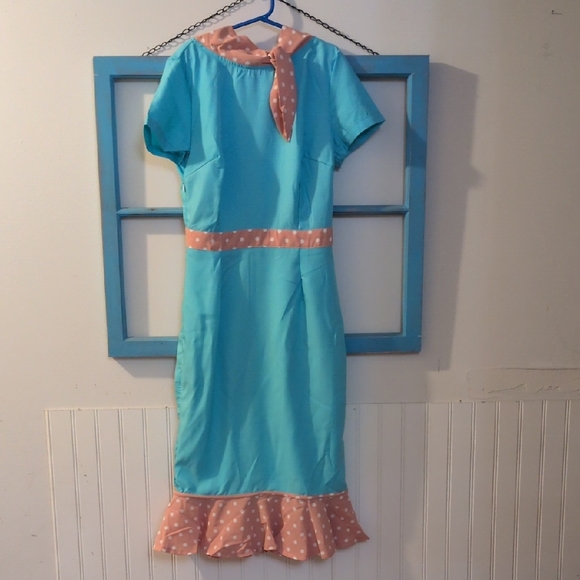 Retro Stage Dresses & Skirts - Aqua Dress with Pink Polka Dot Accents
